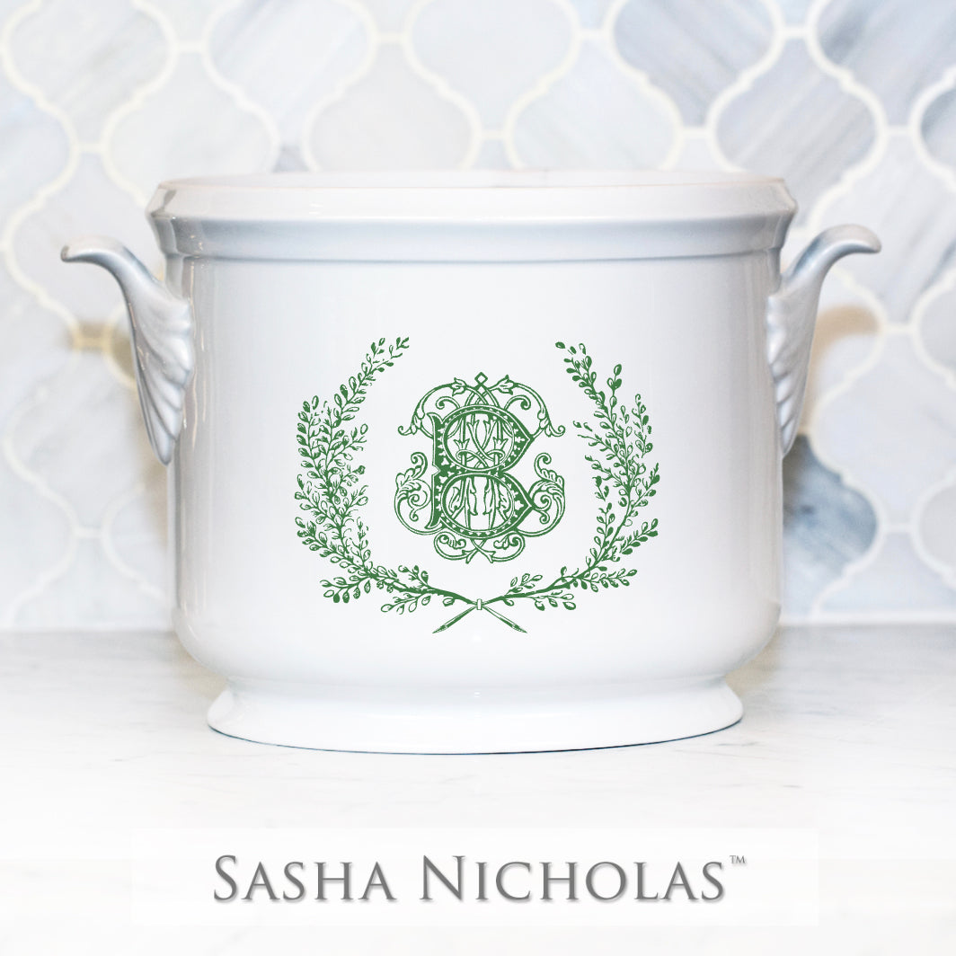 Porcelain Champagne Bucket with Couture Wreath Monogram, Green