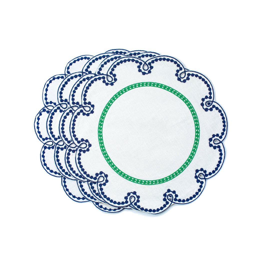 Fête Embroidered Linen Placemats Blue/Green, Set of Four