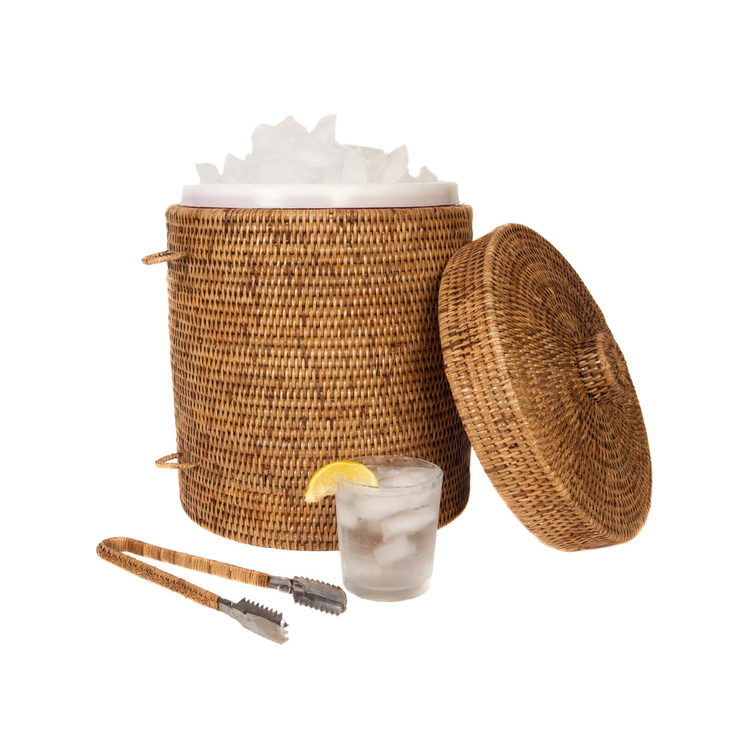 Woven Covered Ice Bucket with Tongs Large, Honey Brown