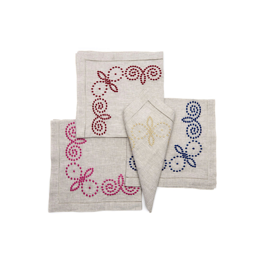 Flax Henna Embroidered Napkin Red, Set of Four