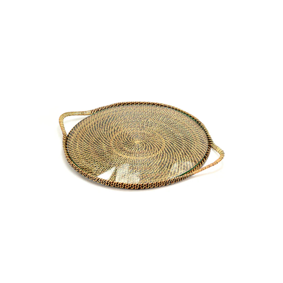 Woven Round Tray with Glass Insert