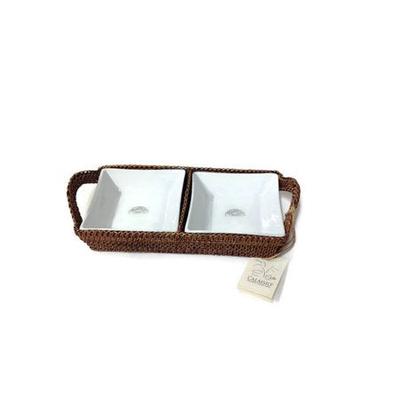 Woven Rectangular Tray with Two Porcelain Dividers