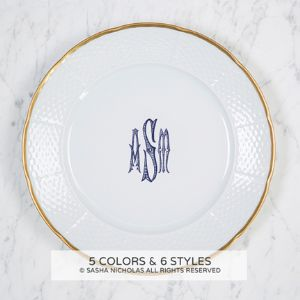 Weave Gold Dinner Plate with Navy Monogram