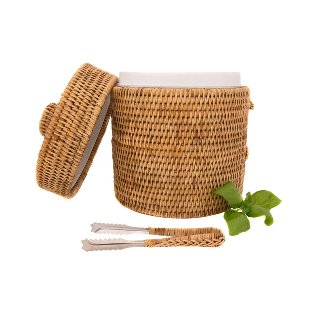 Woven Covered Ice Bucket with Tongs, Honey Brown