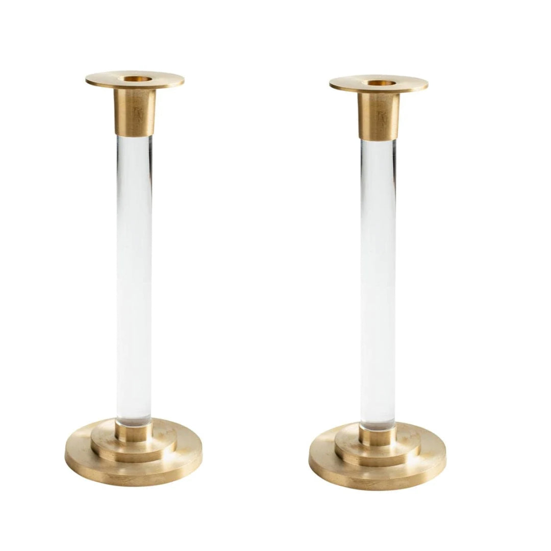 Brass & Clear Resin Candlesticks Pair, Large