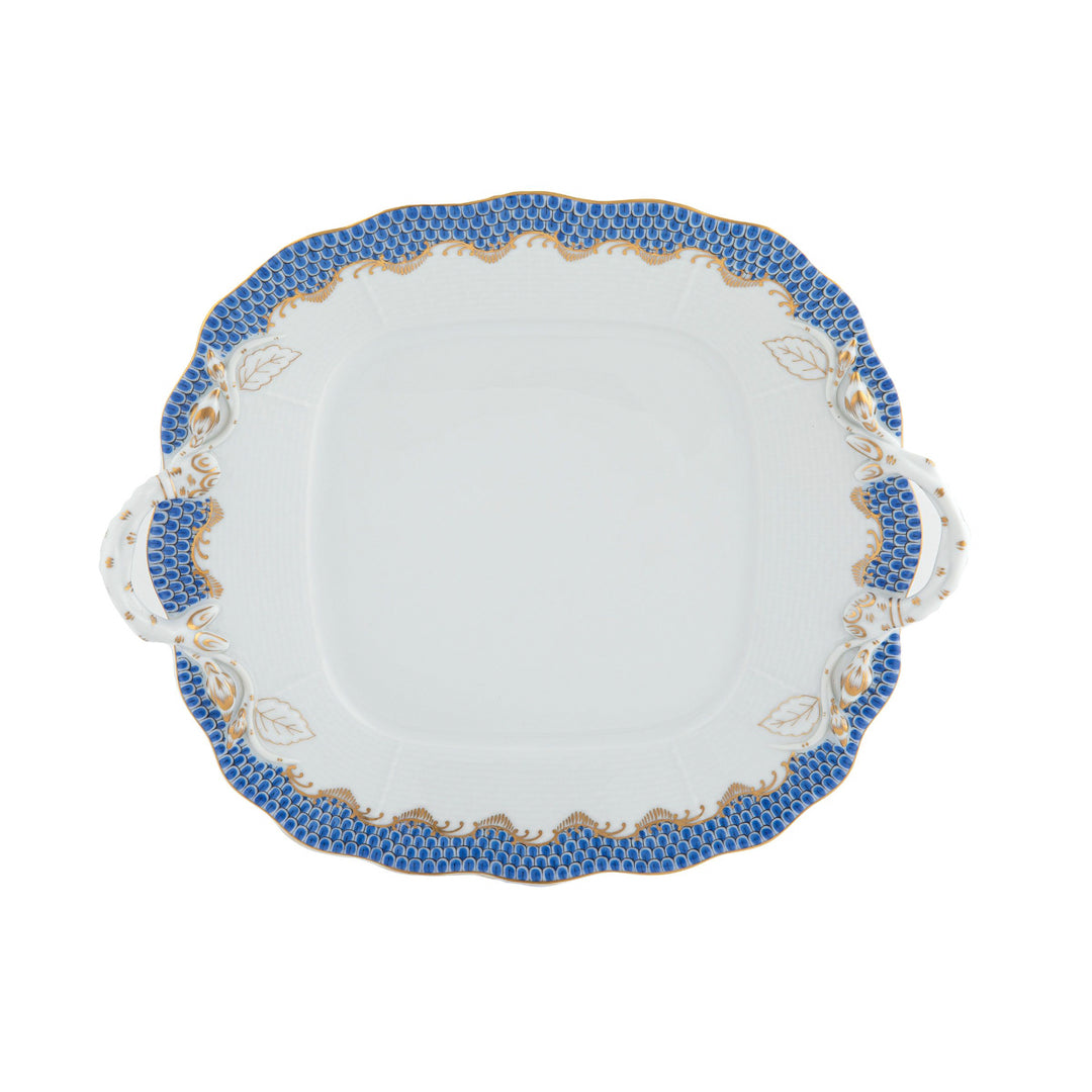 Fish Scale Blue Square Cake Plate with Handles