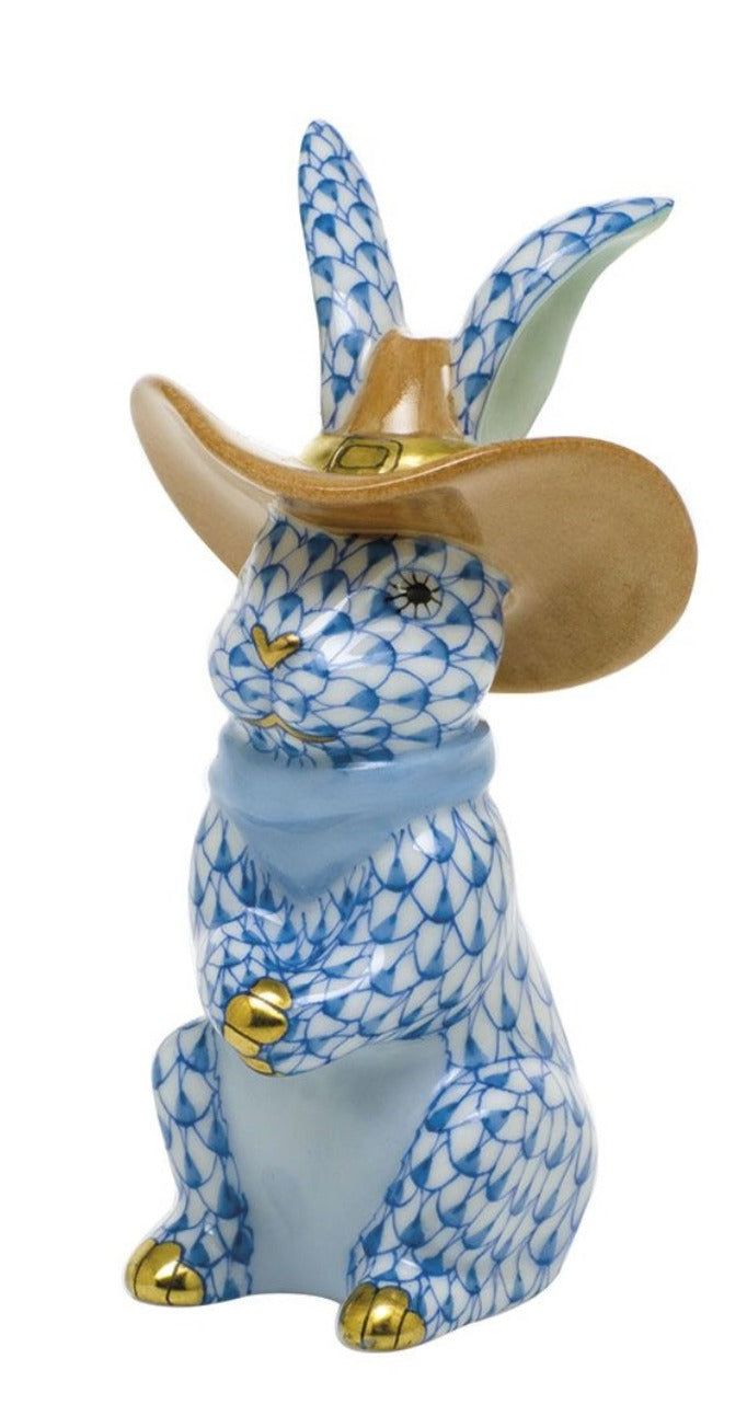 Fishnet Cowboy Bunny Figurine, Blue