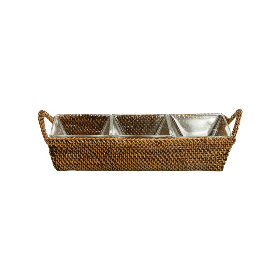 Woven Rectangular Tray with Three Glass Dividers