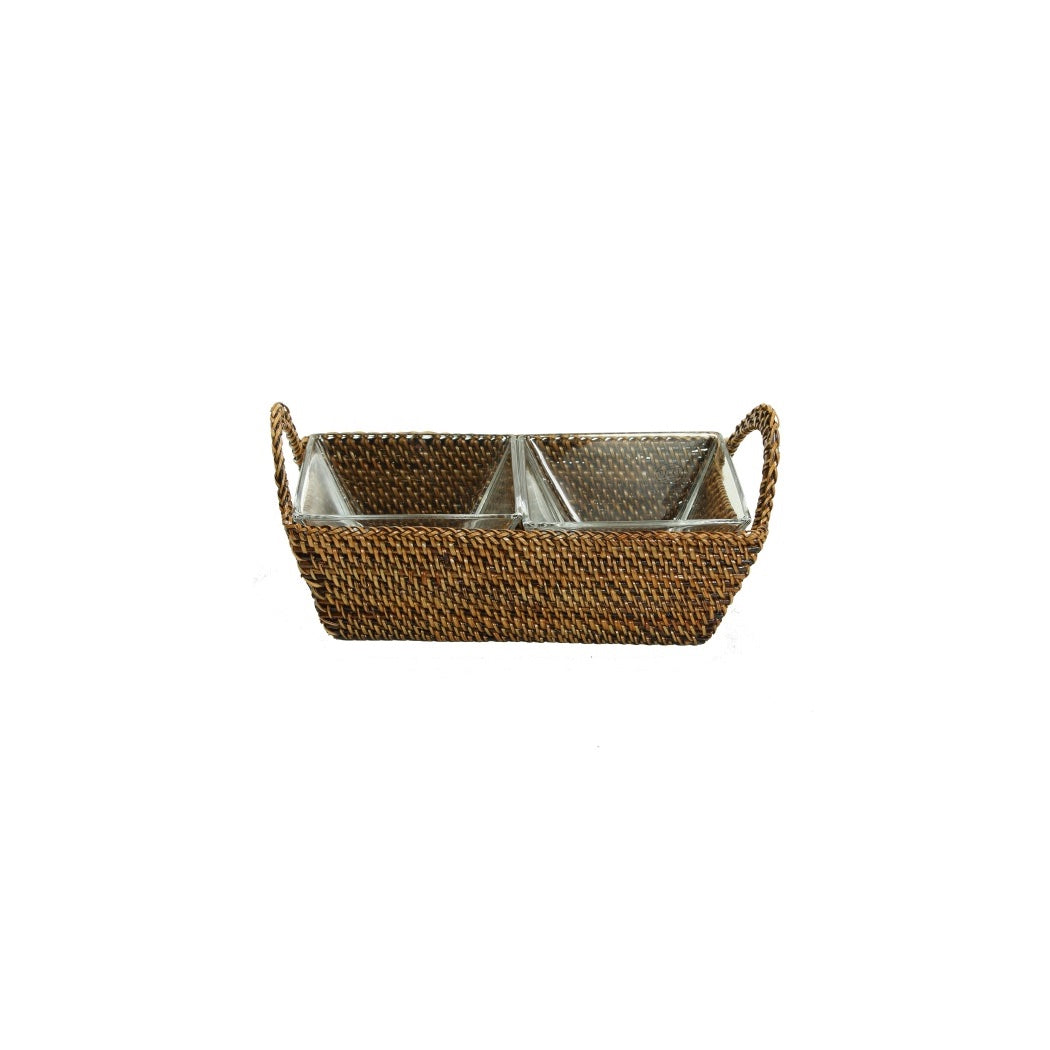 Woven Rectangular Tray with Two Glass Dividers