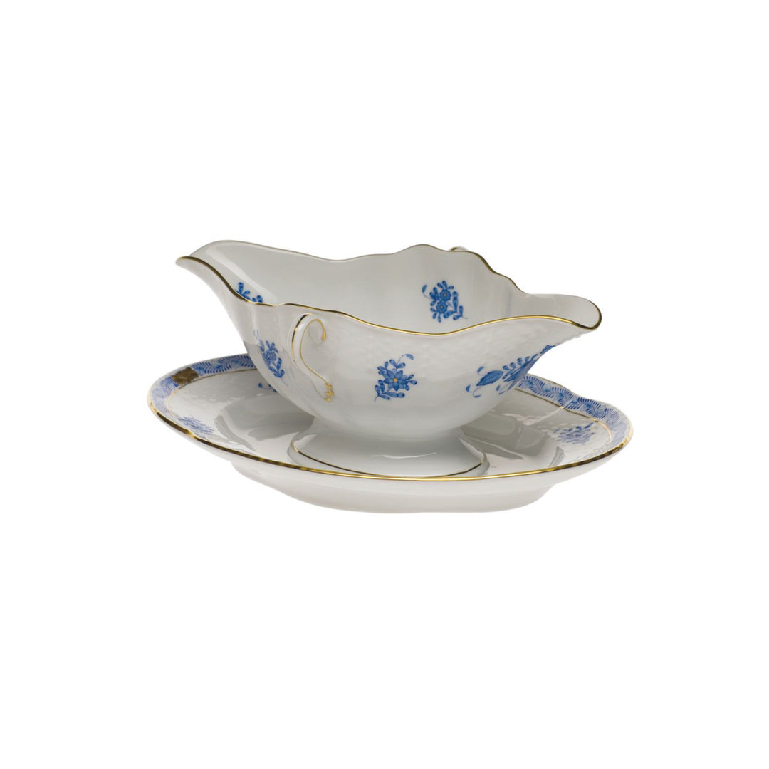 Chinese Bouquet Blue Gravy Boat with Fixed Stand
