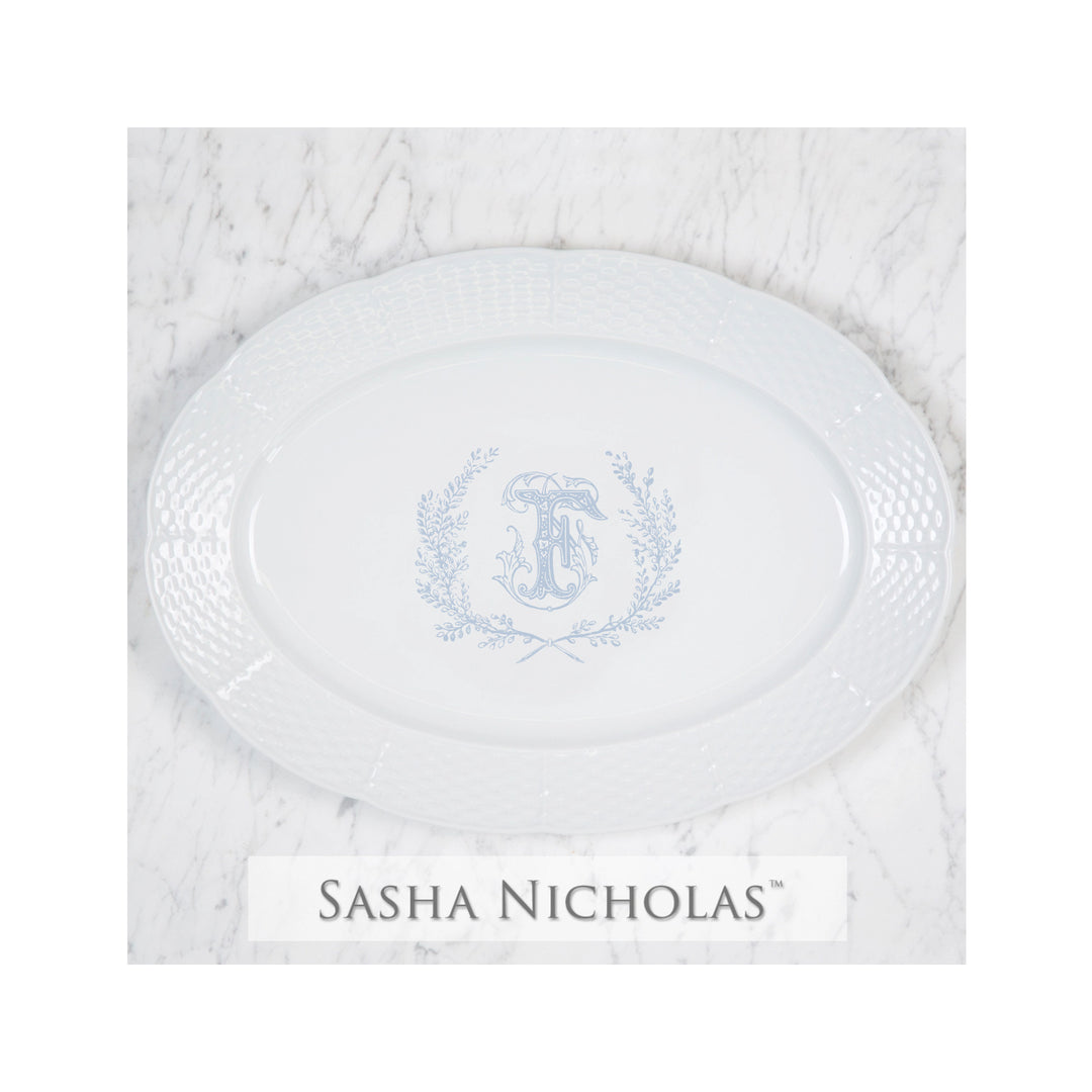 Weave Oval Platter with Couture Monogram Light Blue