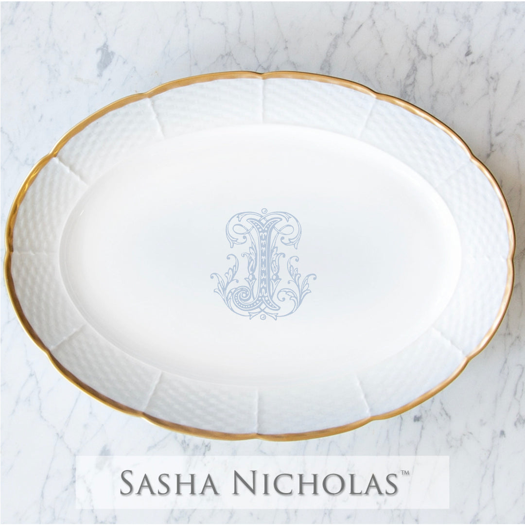 Weave Gold Oval Platter with Light Blue Monogram